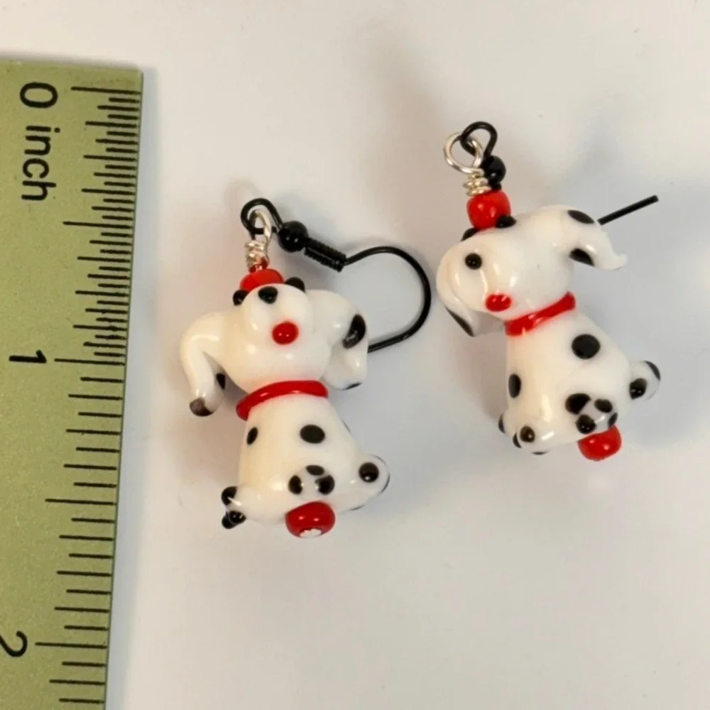 Handmade Dalmatian Dog Earrings White Art Glass Lampwork Whimsygoth Boho Chic